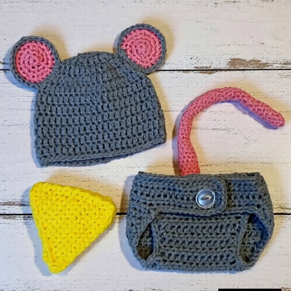 Charming Gray and Pink Crochet Mouse Hat Set